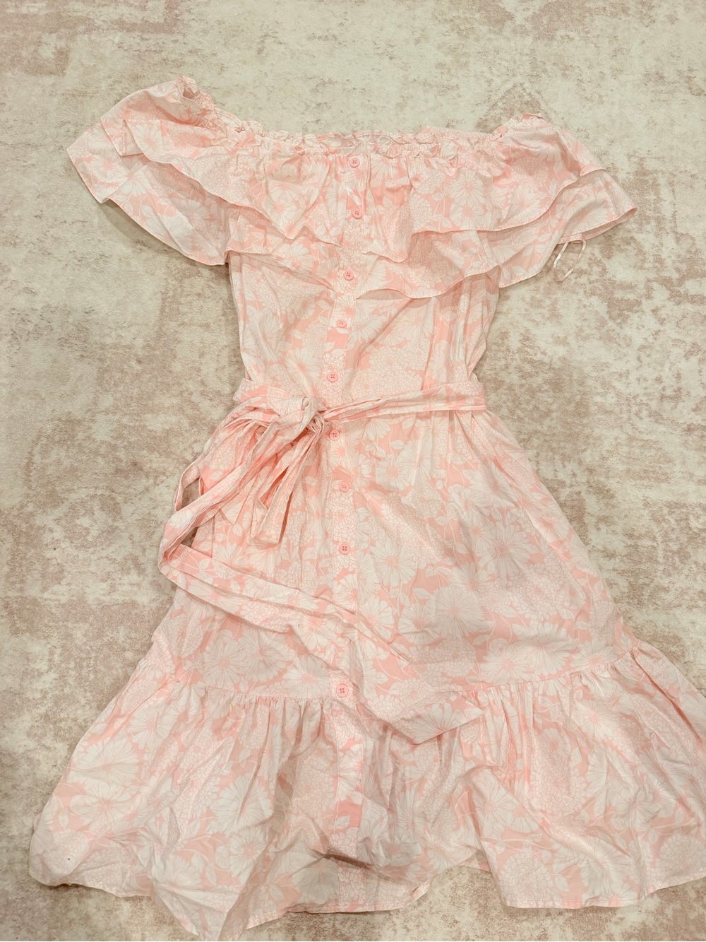 Lisa Marie Fernandez Pink Floral One-Shoulder Midi Dress with Waist Tie